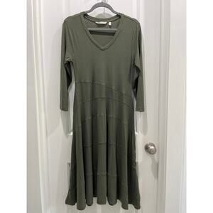 Soft Surroundings Jersey Long Sleeve Olive Green V-Neck Midi Dress Sz S